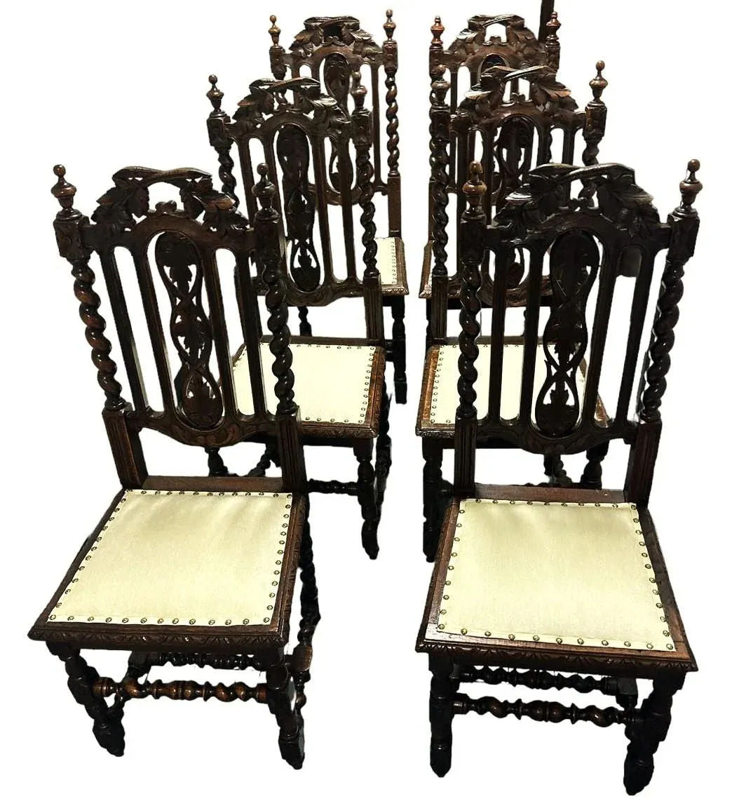 19th Century French Antique Carved Oak Dining Chairs With New Seat Upholstery - Set of 6 - Image 8