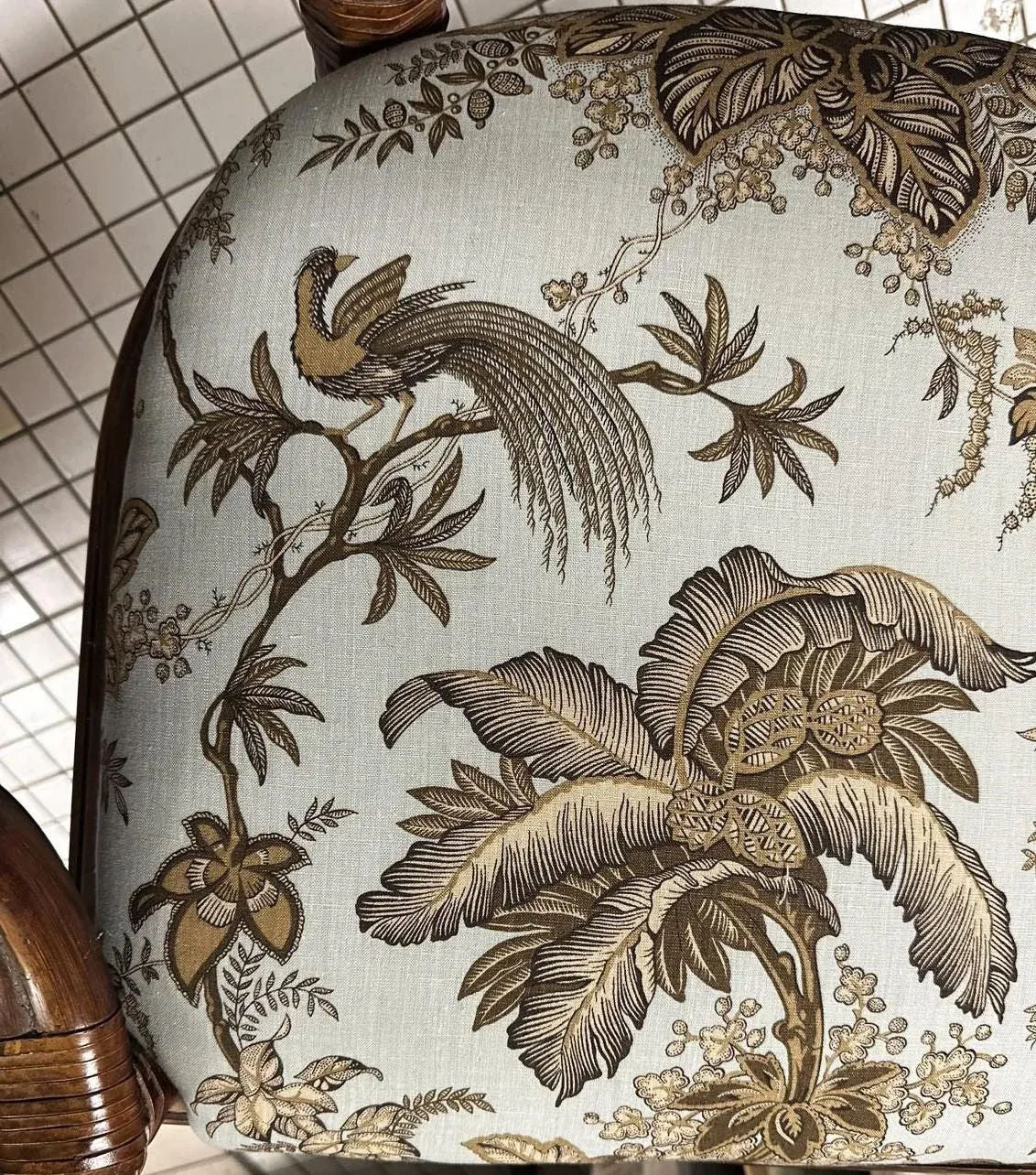 Pair of Vintage Bernhardt Rattan Chairs With New Schumacher Linen ‘Coconut Grove’ Seat Upholstery - Image 8