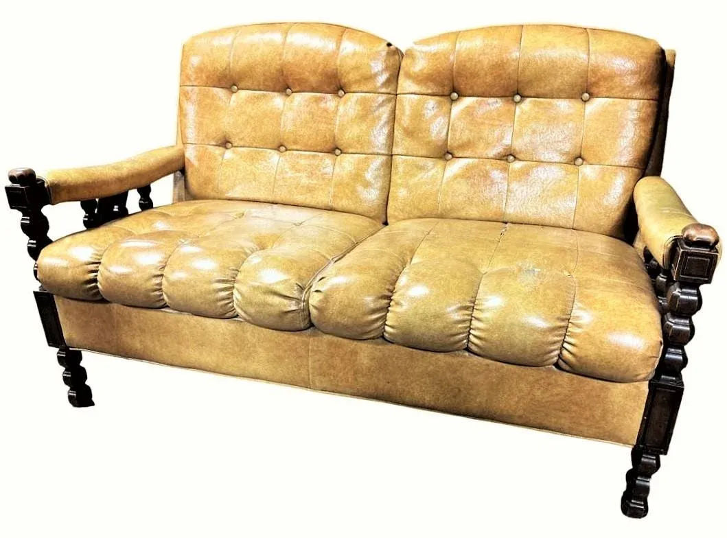 Mustard Yellow Vinyl Mid Century Spanish Revival Settee - Image 8