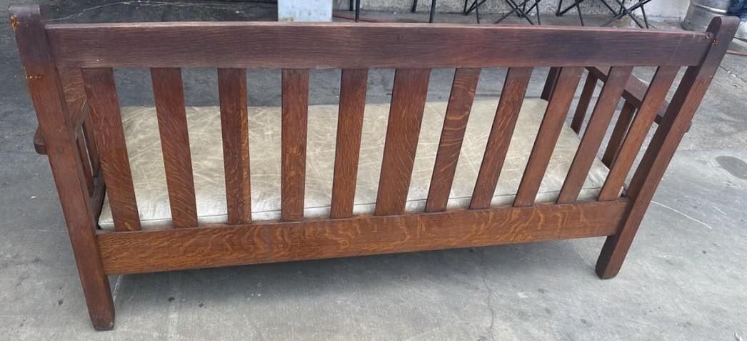 Antique Stickley Brothers Grand Rapids Mission Oak Settee With New Pullup Leather Seat Upholstery - Circa 1900 - Image 8
