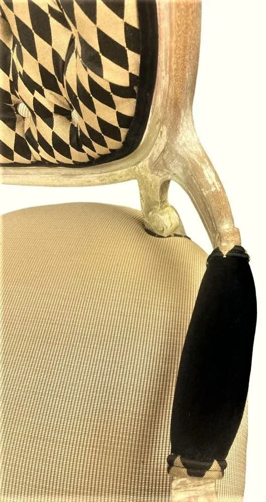 Antique 19th Century Louis XV Fauteuil in Cerused Walnut With New Black and Gold Harlequin Upholstery - Image 8