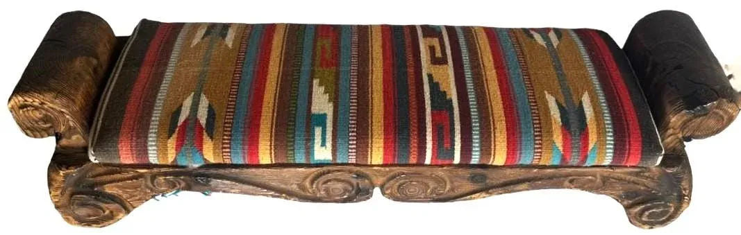 Rustic Hand Carved Mexican Wooden Bench With New Zapotec Tapestry Seat From Oaxaca - Image 8
