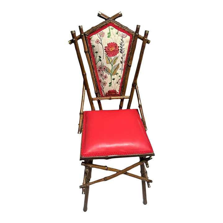Antique Anglo-Indian Bamboo Campaign Chair With New Leather and Embroidered Upholstery - Late 19th Century - Image 8