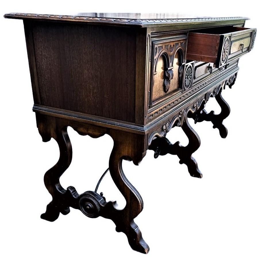 Antique Berkey & Gay Grand Rapids 72” ‘Span-Umbrian' Walnut, Burlwood and Polychrome Credenza or Buffet - Circa 1917 - Image 8