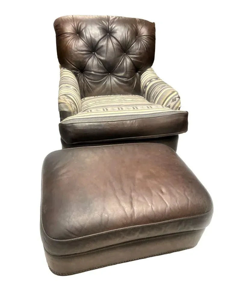 Vintage Chesterfield Leather Writer's Chair and Ottoman With Oriental Tapestry Details - Image 9