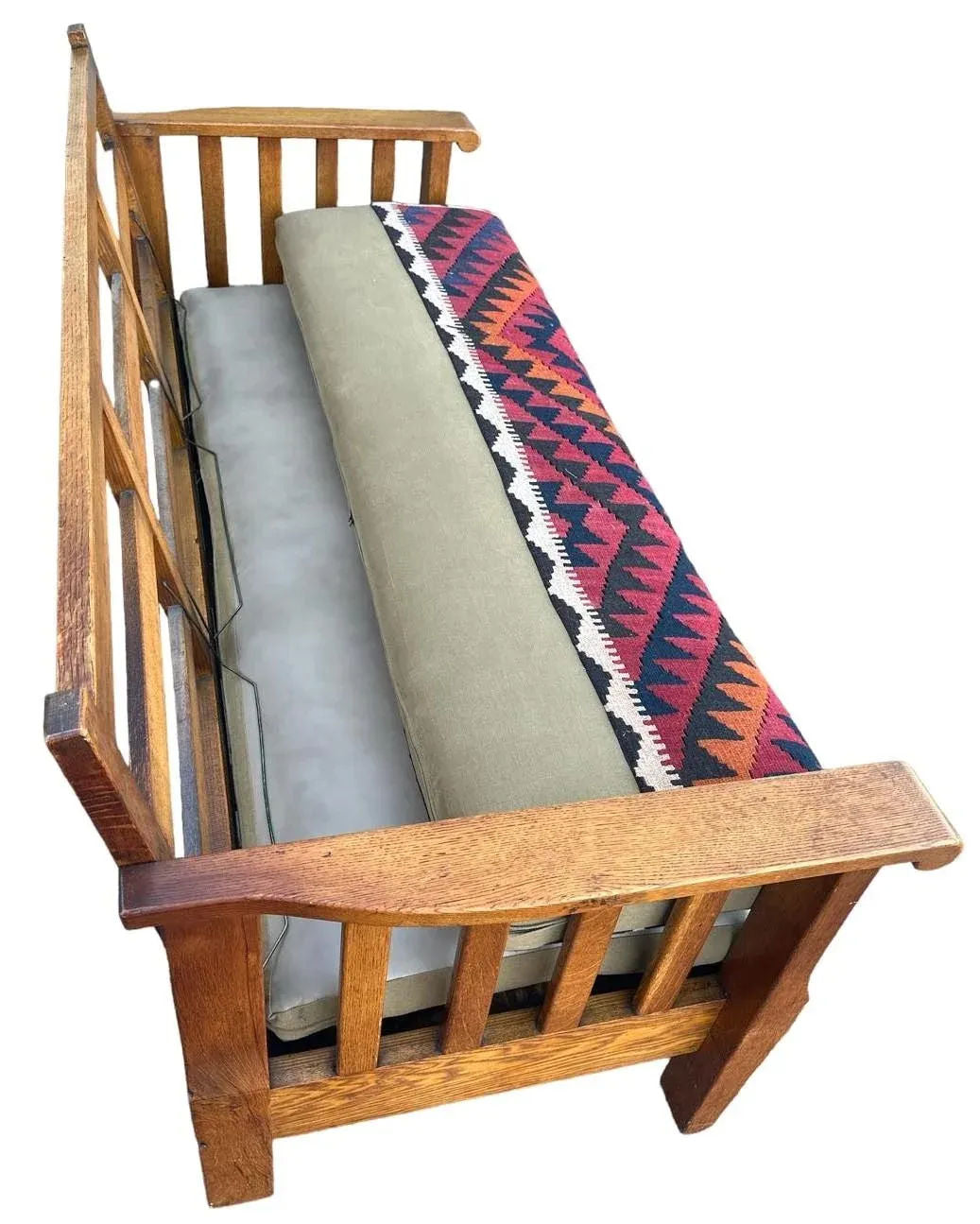 Antique Circa 1910 Oak Arts & Crafts Large 78” Settle With New Leather and Hand Made Persian Kilim Upholstered Cushions - Image 9
