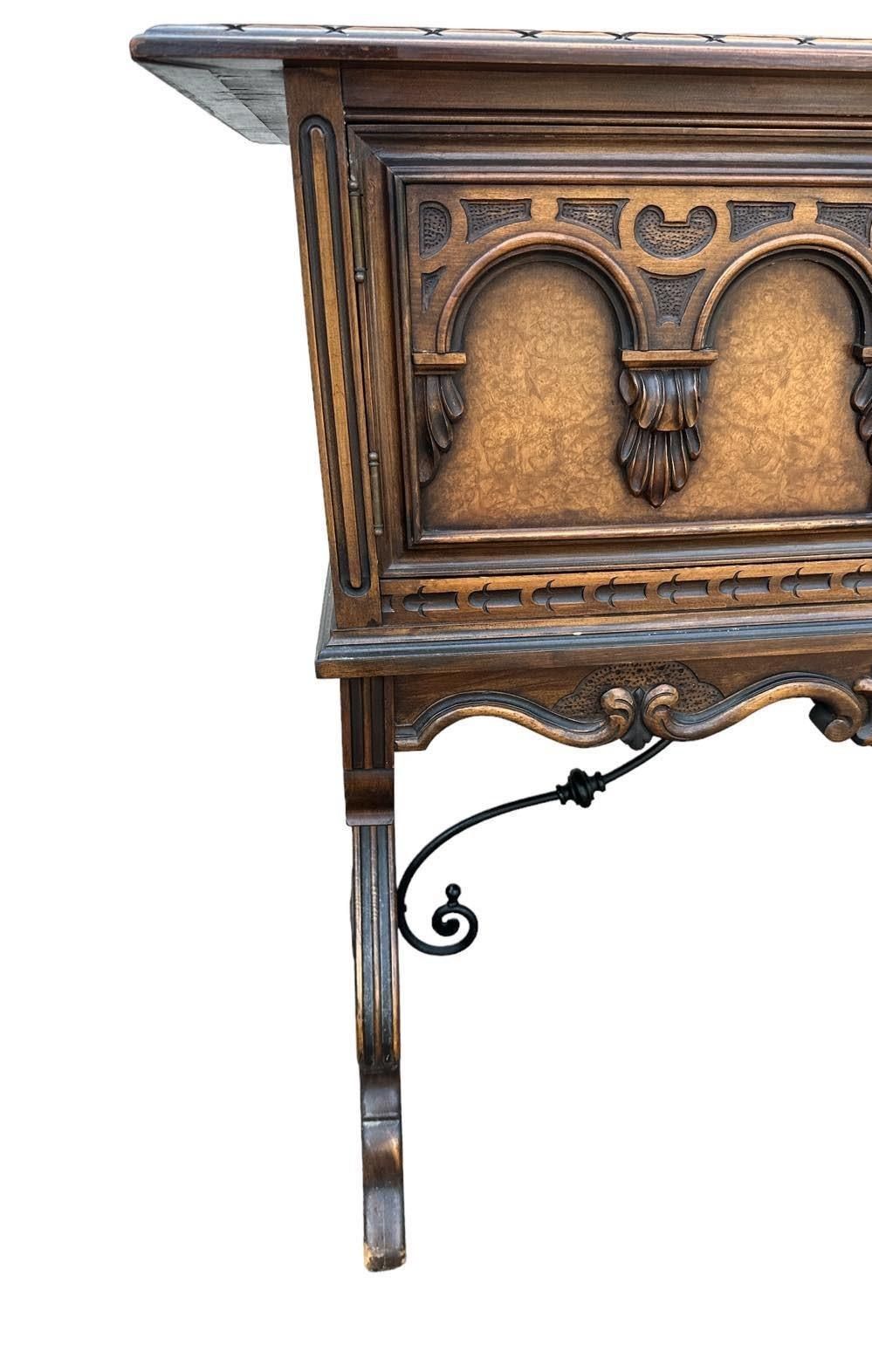 Antique Berkey & Gay Grand Rapids 72” ‘Span-Umbrian' Walnut, Burlwood and Polychrome Credenza or Buffet - Circa 1917 - Image 9