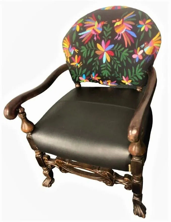 Set of 2 Ornate Spanish Revival Fauteuils With New Otomi Embroidery and Leather Upholstery - Early 20th Century Antiques - Image 9