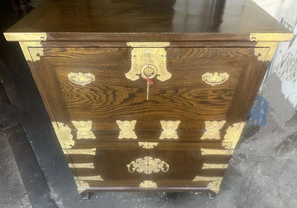 Korean Elmwood and Brass Campaign Style Secretary Desk - Vintage Late 20th Century - Image 9