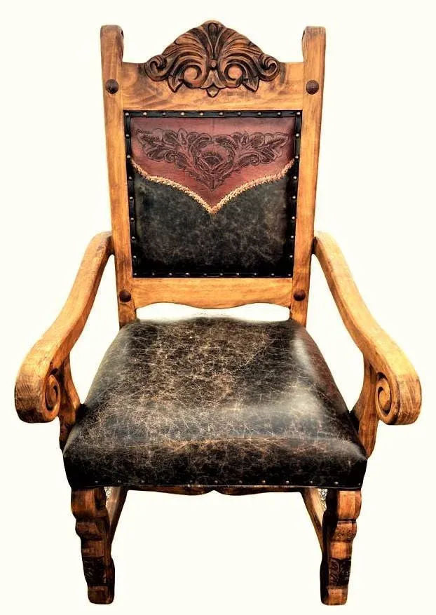 Custom Made Mexican Hacienda Chairs in Tooled Leather and Carved Wood - Set of 6 - Image 9