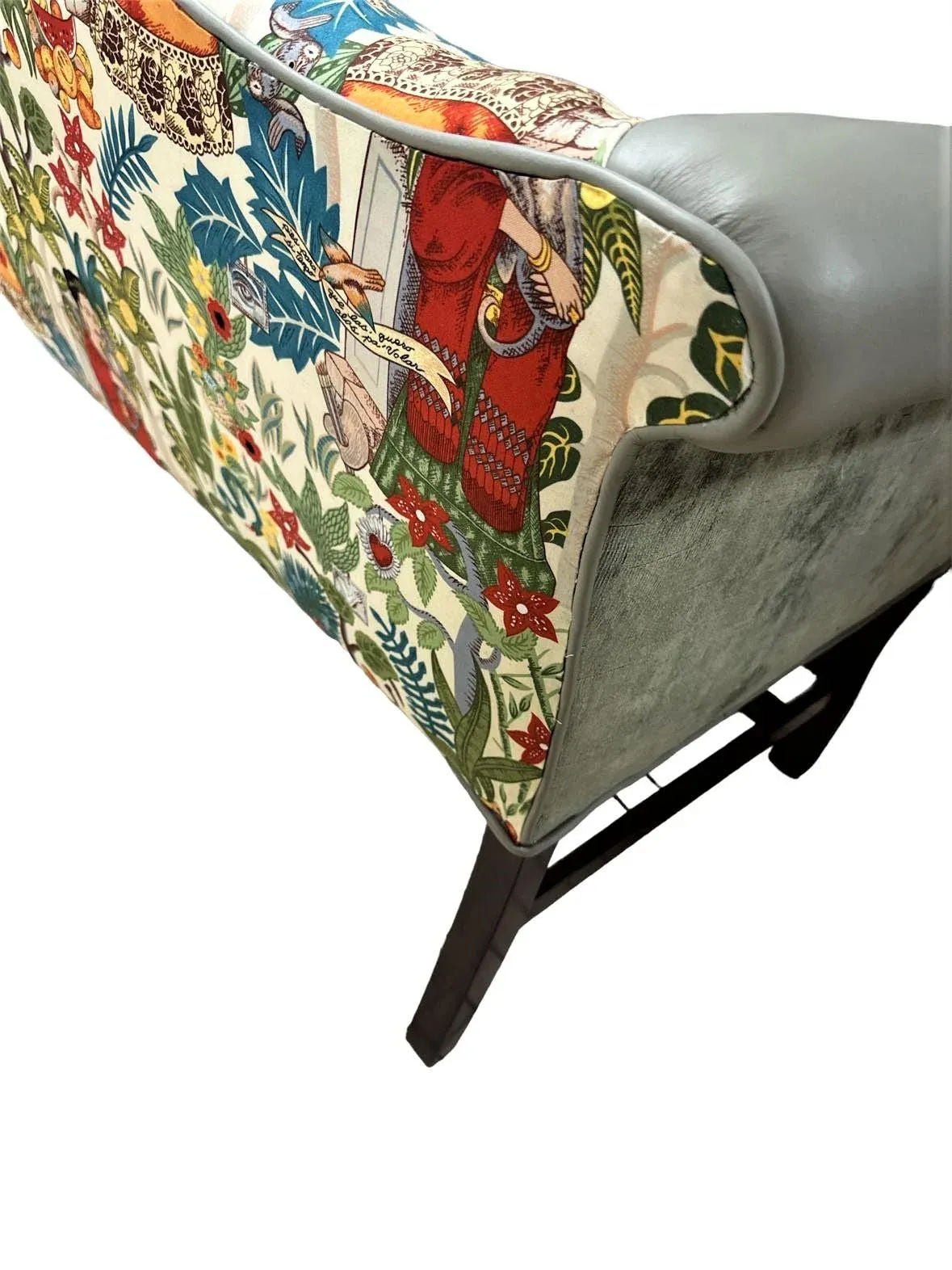 Pair of Chippendale Camelback Settees in ‘Frida’s Garden’ Chintz and Celadon Leather and Velvet - Image 9