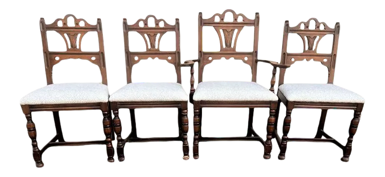 Antique Spanish Revival Solid Walnut Dining Chairs With New Kravet Upholstery - Set of 4 - Early 20th Century - Image 9