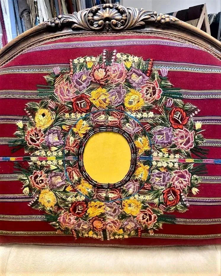 Late 19th Century French Settee With Guatemalan Hand Embroidery, Cowhide and Sheepskin - Image 9