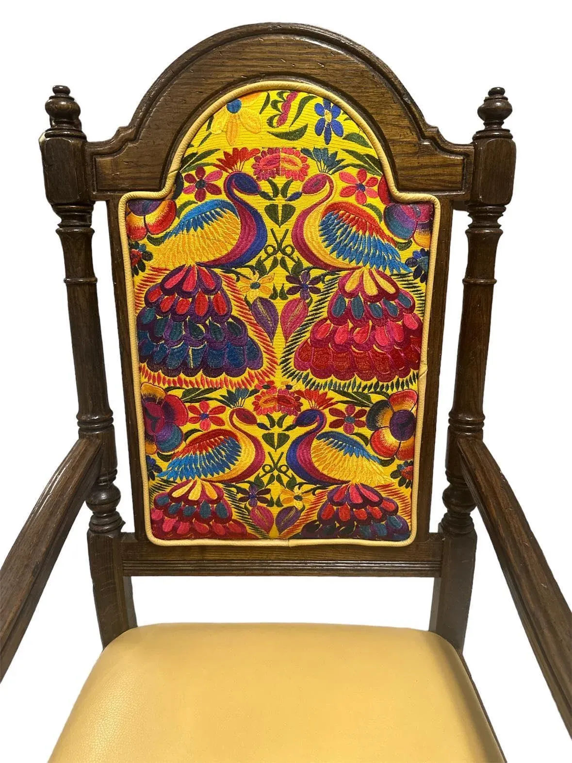 Ethan Allen Vintage Royal Charter Oak Chairs With Chiapas Embroidery, Leather, and Fabric Upholstery - Set of 6 - Image 9