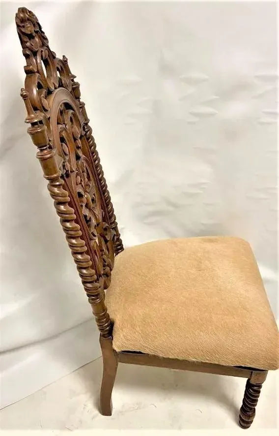 Late 19th Century Carved Rosewood Renaissance Revival Chair With Hair-On Cowhide Seat Upholstery - Image 9