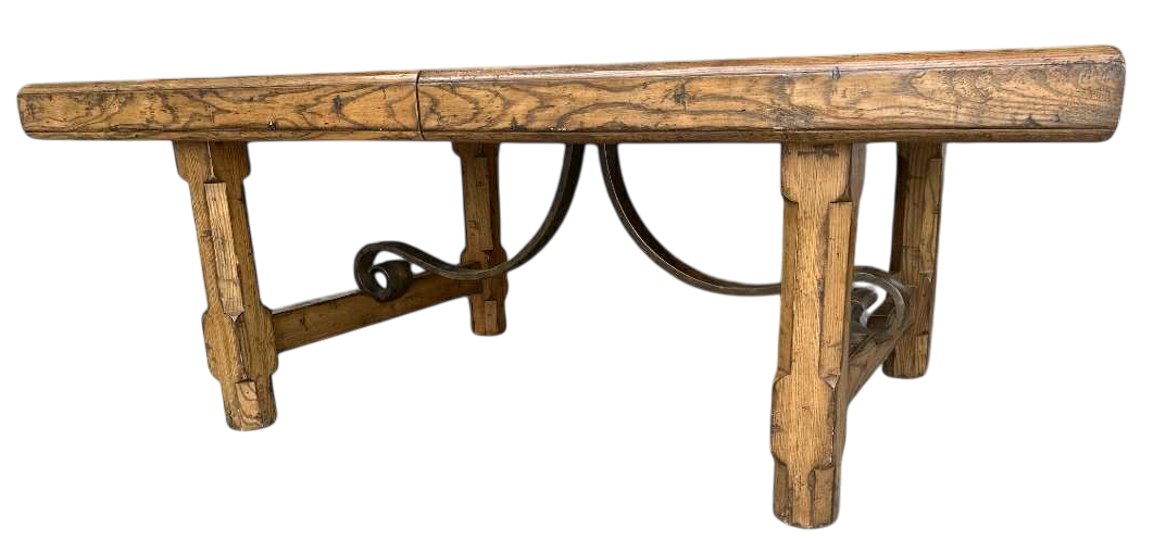 Late 20th Century Monumental Spanish Rustic Style Solid Oak Refectory Table With Heavy Iron Cursive Stretchers - Image 9