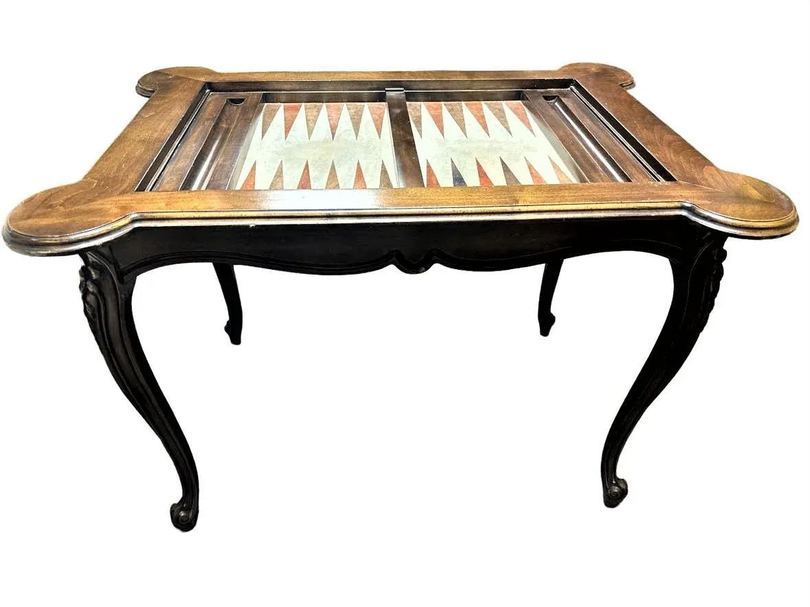 Inlaid Leather and Walnut Louis XV Style Backgammon Table - Vintage Late 20th Century - Image 9