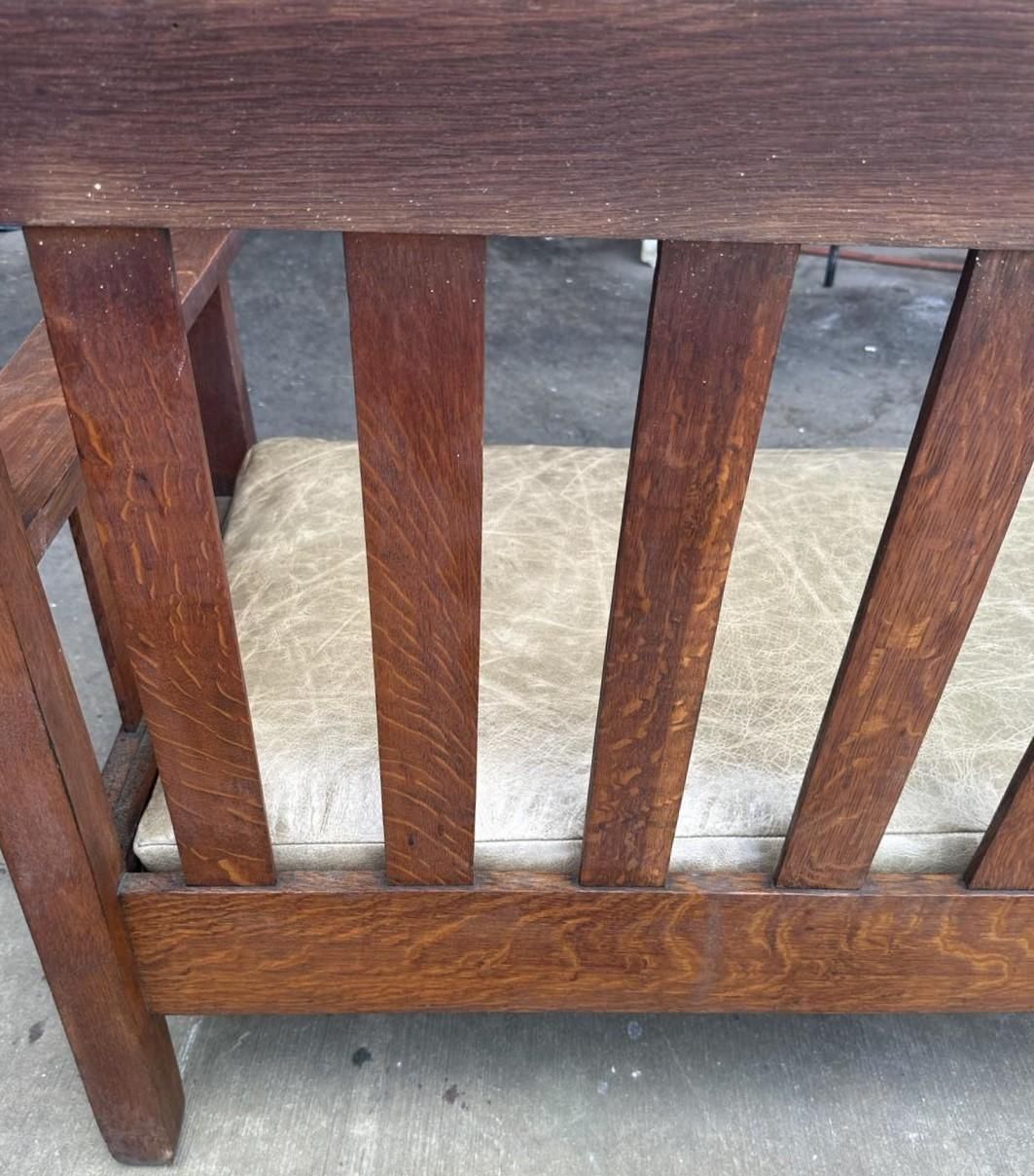 Antique Stickley Brothers Grand Rapids Mission Oak Settee With New Pullup Leather Seat Upholstery - Circa 1900 - Image 9