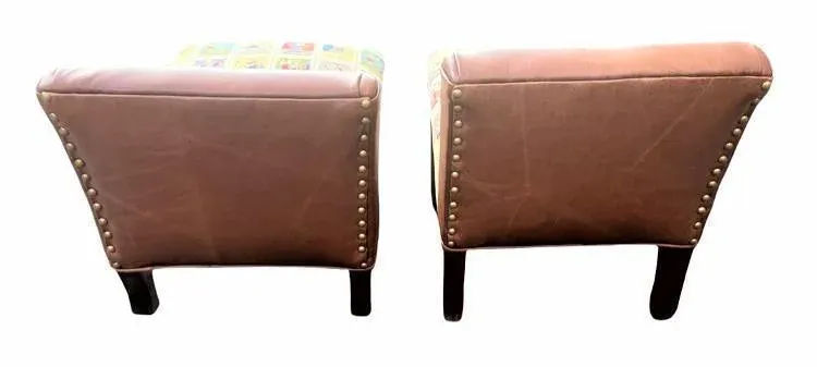 Mexican Loteria Fabric and New Leather Upholstery on Antique Footstools - a Pair - Image 9