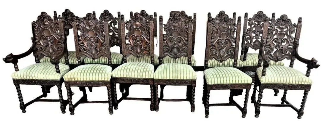 Monumental 10' X 5.5' Renaissance Revival French Walnut Banquet Table With 12 Chairs - Antique Circa Mid 19th Century - Image 9