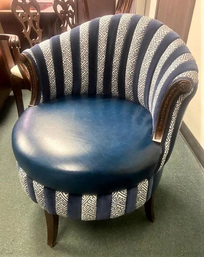 Mid 20th Century Round Accent Chair Reupholstered With Blue Velvet and Greek Key Fabric - Image 9