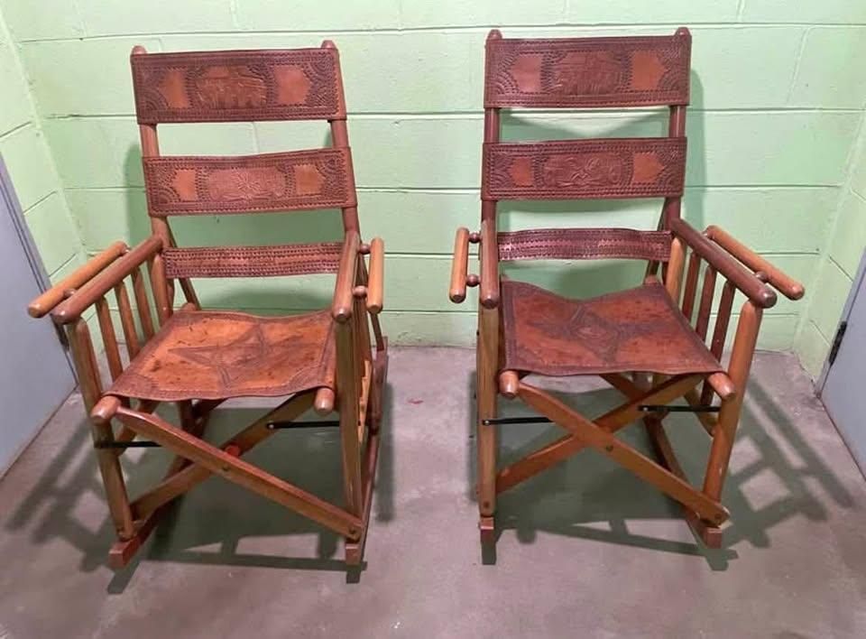 Late 20th Century Costa Rican Vintage Teak and Embossed Leather Folding Rocking Chairs - A Pair - Image 9