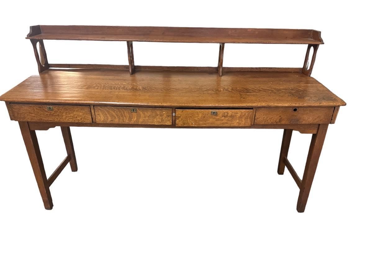 Monumental Antique Arts and Crafts Quarter Sawn Oak Railroad Ticket Counter 8 Feet Wide and 5 Feet Tall - Circa 1900 - Image 9