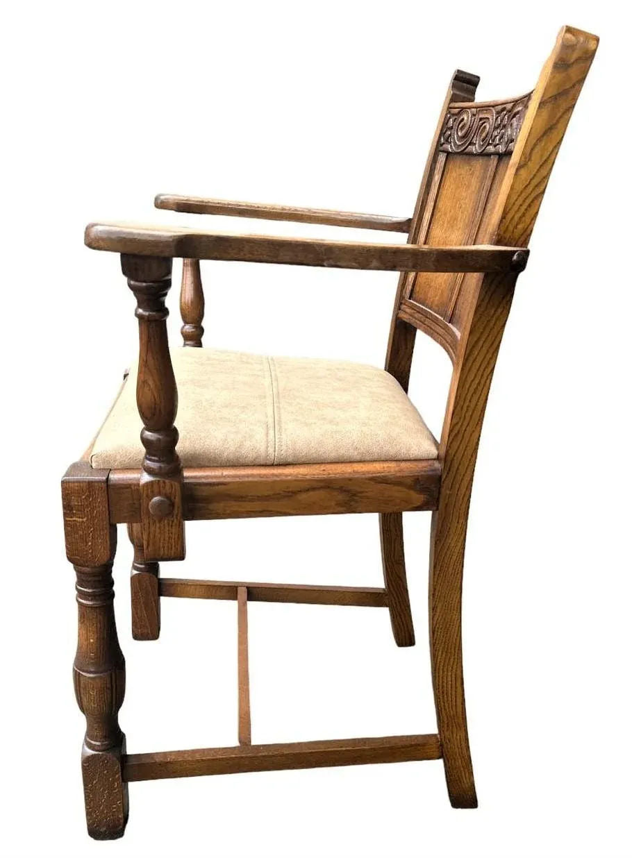 19th Century Antique English Arts & Crafts Oak Dining Chairs With New Leather Seats - Set of 6 - Image 9