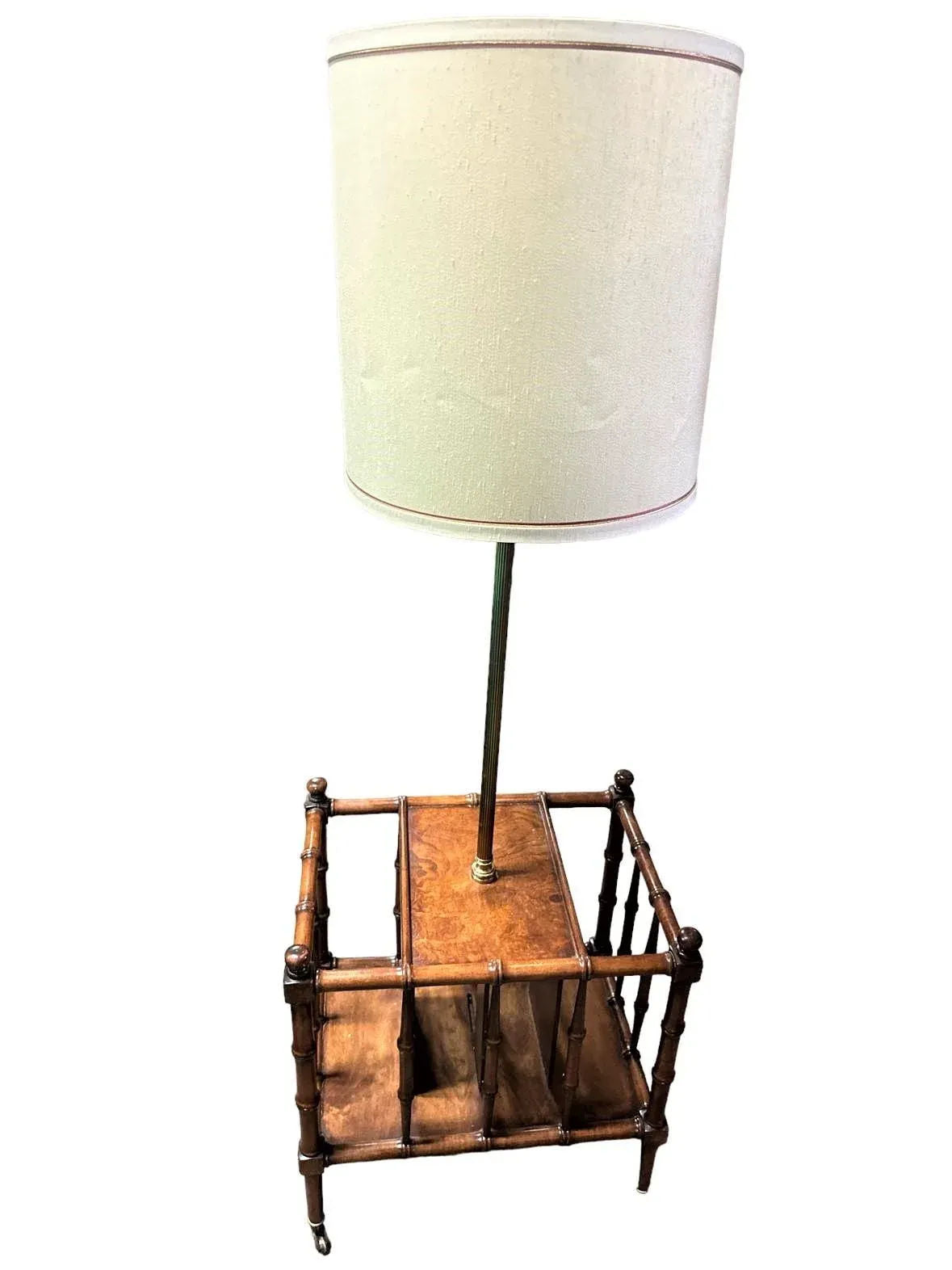 Faux Bamboo Fruitwood and Burlwood Canterbury Style Magazine Table and Floor Lamp - Vintage Mid 20th Century - Image 9
