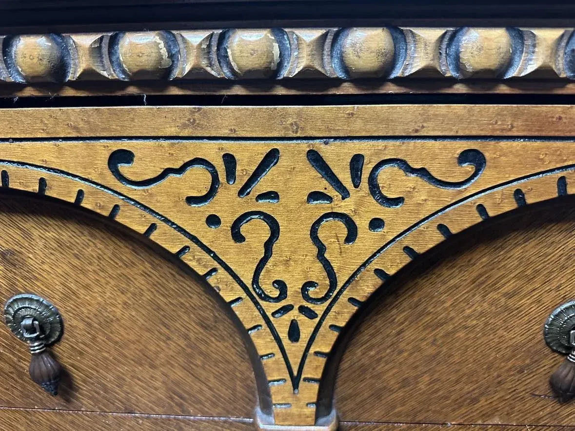 Antique 1920s Moorish Spanish Revival Walnut and Burlwood 66" Buffet Credenza - Image 9
