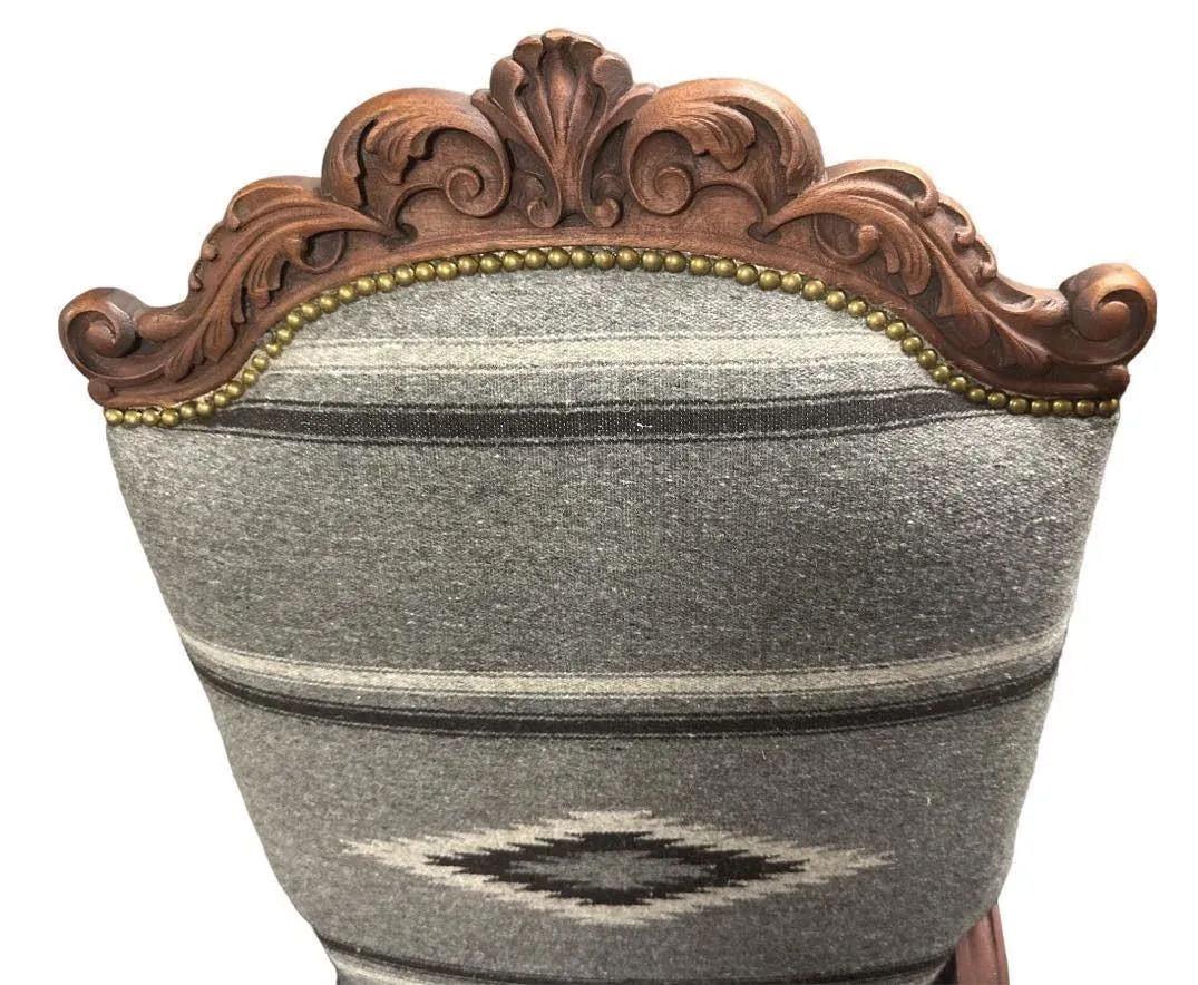 Antique Carved Hacienda Chair Upholstered With Oaxaca Wool Tapestry and Leather - Image 9