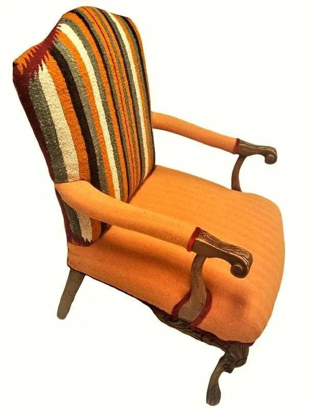 Pumpkin Colored Carved Antique Hacienda Chair Reupholstered With Hand Loomed Oaxaca Tapestry and Manta Cloth - Image 10