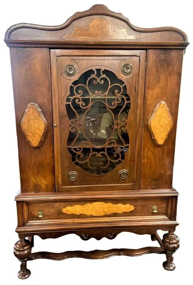 Early 20th Century Antique Spanish Revival Walnut and Burlwood China Cabinet - Image 10