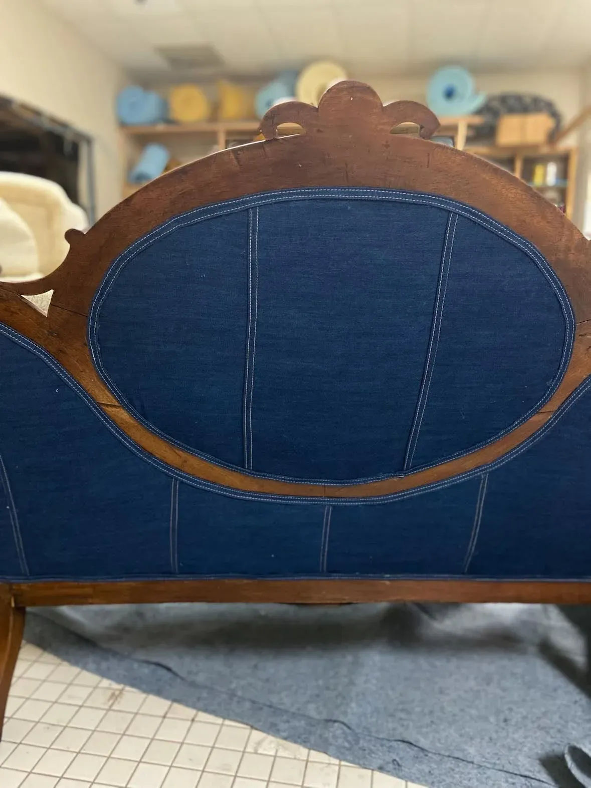 Mid 19th Century Walnut and Burlwood Parlor Medallion Sofa Reupholstered in 'New Wave' Design - Image 10
