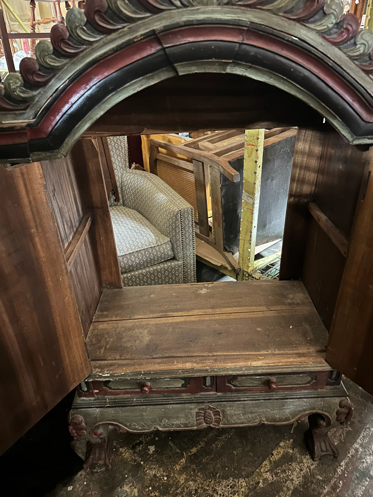 Dutch Colonial Antique 19th Century Liquor Cabinet With Bonnet Top and Ball and Claw Legs - Image 10