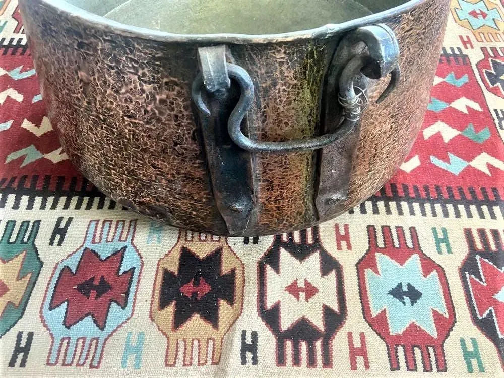 Large Antique Hammered Copper Cauldron With Hand Wrought Iron Handles - Image 10