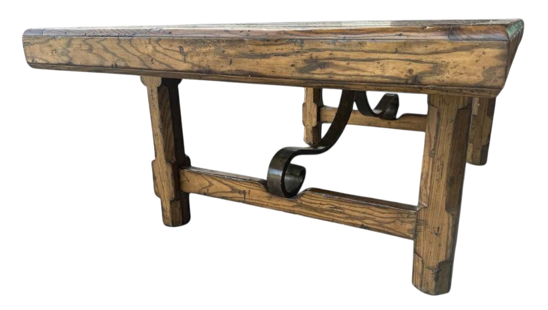 Late 20th Century Monumental Spanish Rustic Style Solid Oak Refectory Table With Heavy Iron Cursive Stretchers - Image 10