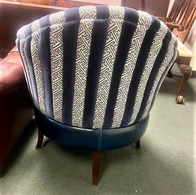 Mid 20th Century Round Accent Chair Reupholstered With Blue Velvet and Greek Key Fabric - Image 10