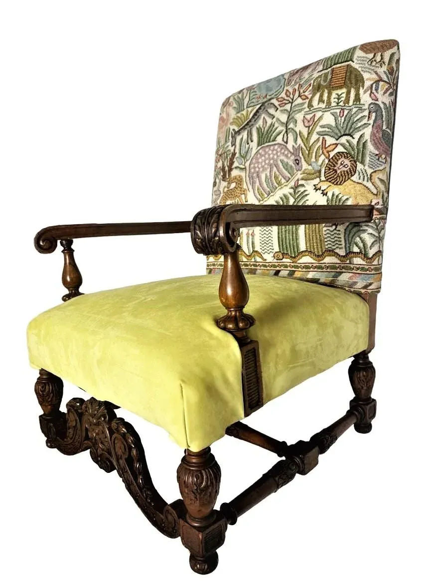 Antique Hacienda Chair With New Leather and Tapestry Upholstery - Image 10