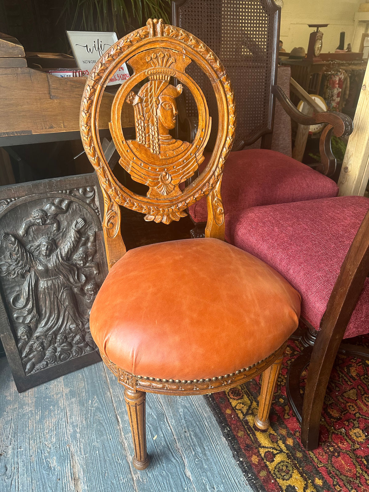 Louis XVI Carved Oak French Accent Chairs With New Caramel Colored Leather Seats - a Pair - Image 10