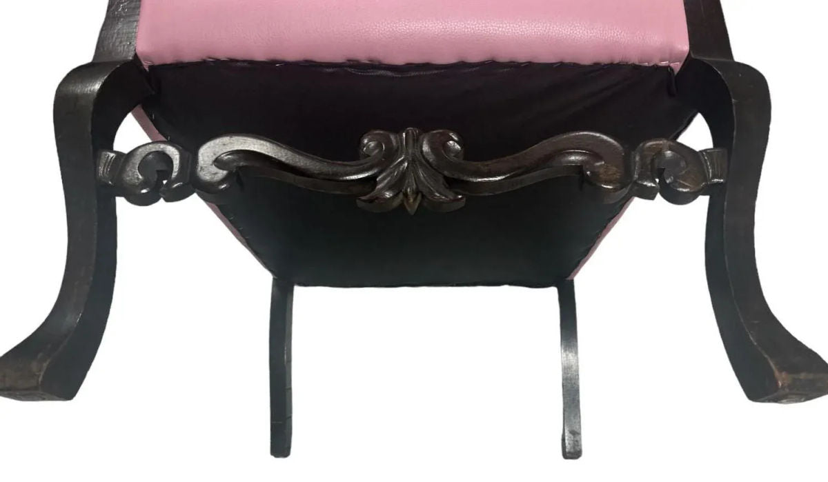 Antique Hacienda Style Chair With New Upholstery of Mauve and Rose Hand Embroidery and Leather - Image 10