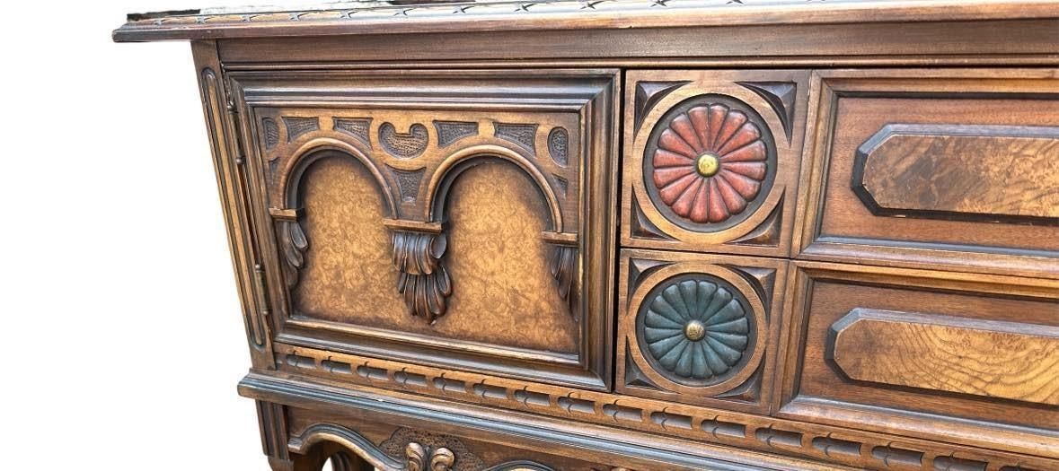 Antique Berkey & Gay Grand Rapids 72” ‘Span-Umbrian' Walnut, Burlwood and Polychrome Credenza or Buffet - Circa 1917 - Image 10