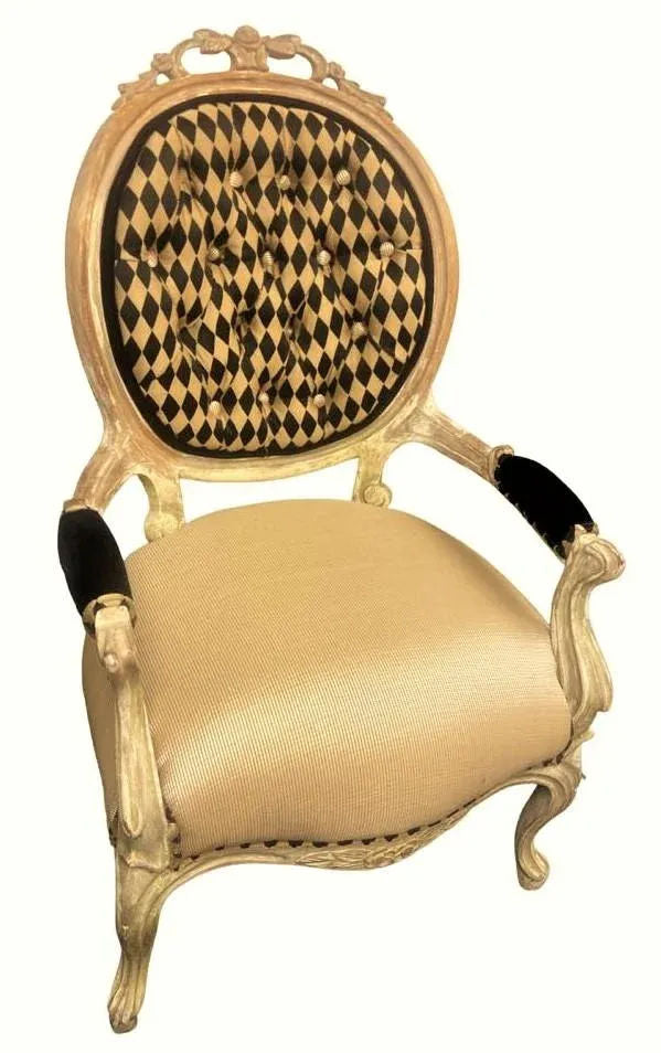 Antique 19th Century Louis XV Fauteuil in Cerused Walnut With New Black and Gold Harlequin Upholstery - Image 10