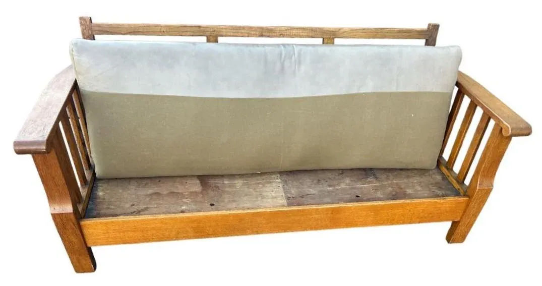 Antique Circa 1910 Oak Arts & Crafts Large 78” Settle With New Leather and Hand Made Persian Kilim Upholstered Cushions - Image 10