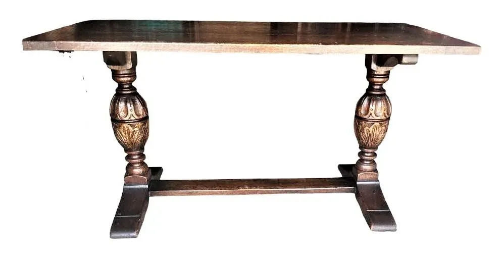 Antique Jacobean or Spanish Revival Dark Oak Trestle Library Table or Dining Table by Kensington Furniture Company - Image 10