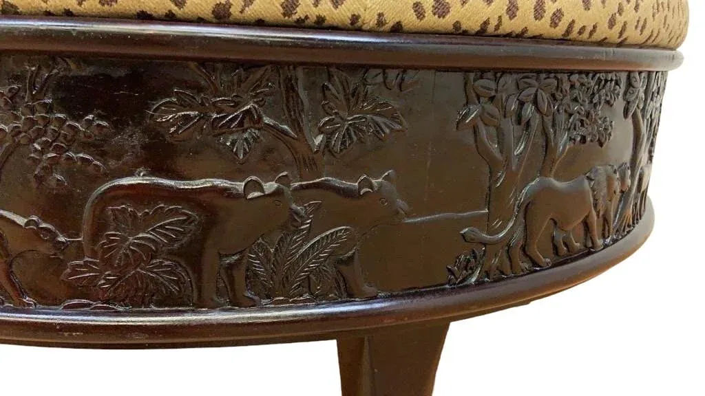 Sam Moore Safari Round Cocktail Ottoman With Carved Teakwood Frame and Cheetah Print Upholstery - Image 10