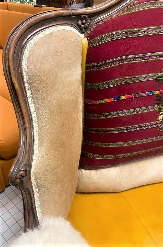 Late 19th Century French Settee With Guatemalan Hand Embroidery, Cowhide and Sheepskin - Image 10