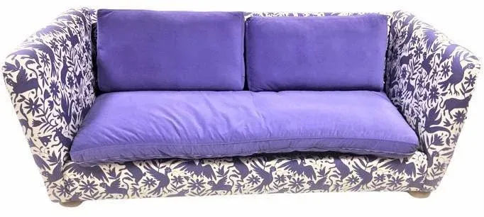Otomi Print and Velvet Upholstery on Large Mid 20th Century Vintage Hollywood Regency Tuxedo Sofa - Image 10