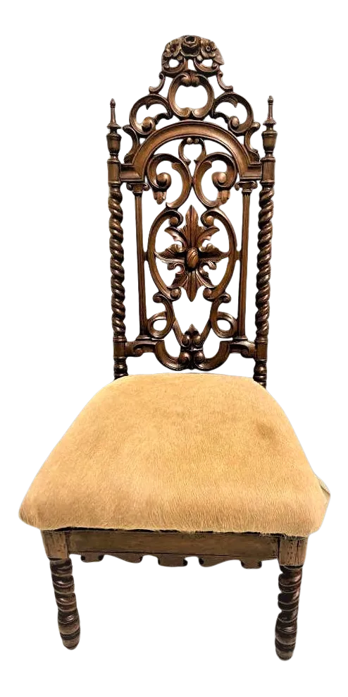 Late 19th Century Carved Rosewood Renaissance Revival Chair With Hair-On Cowhide Seat Upholstery - Image 11