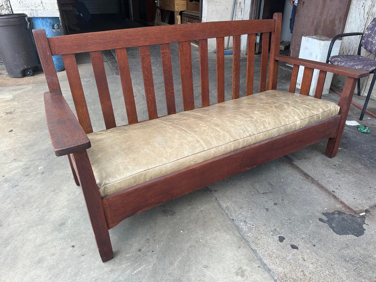 Antique Stickley Brothers Grand Rapids Mission Oak Settee With New Pullup Leather Seat Upholstery - Circa 1900 - Image 11